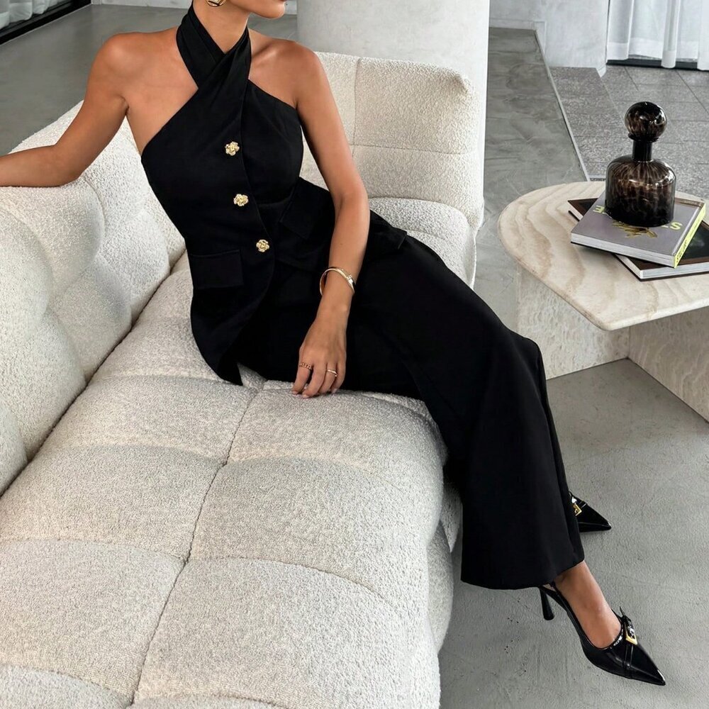 Black Casual Chic Women's Two Piece Top and Pants Office Set - Picture 6 of 7